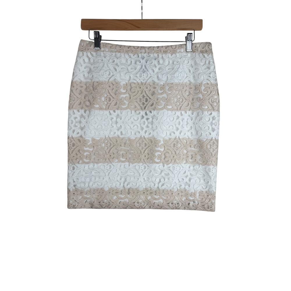 NWT New White House Black Market Stripe Lace Pencil Skirt Size 4 Shell White